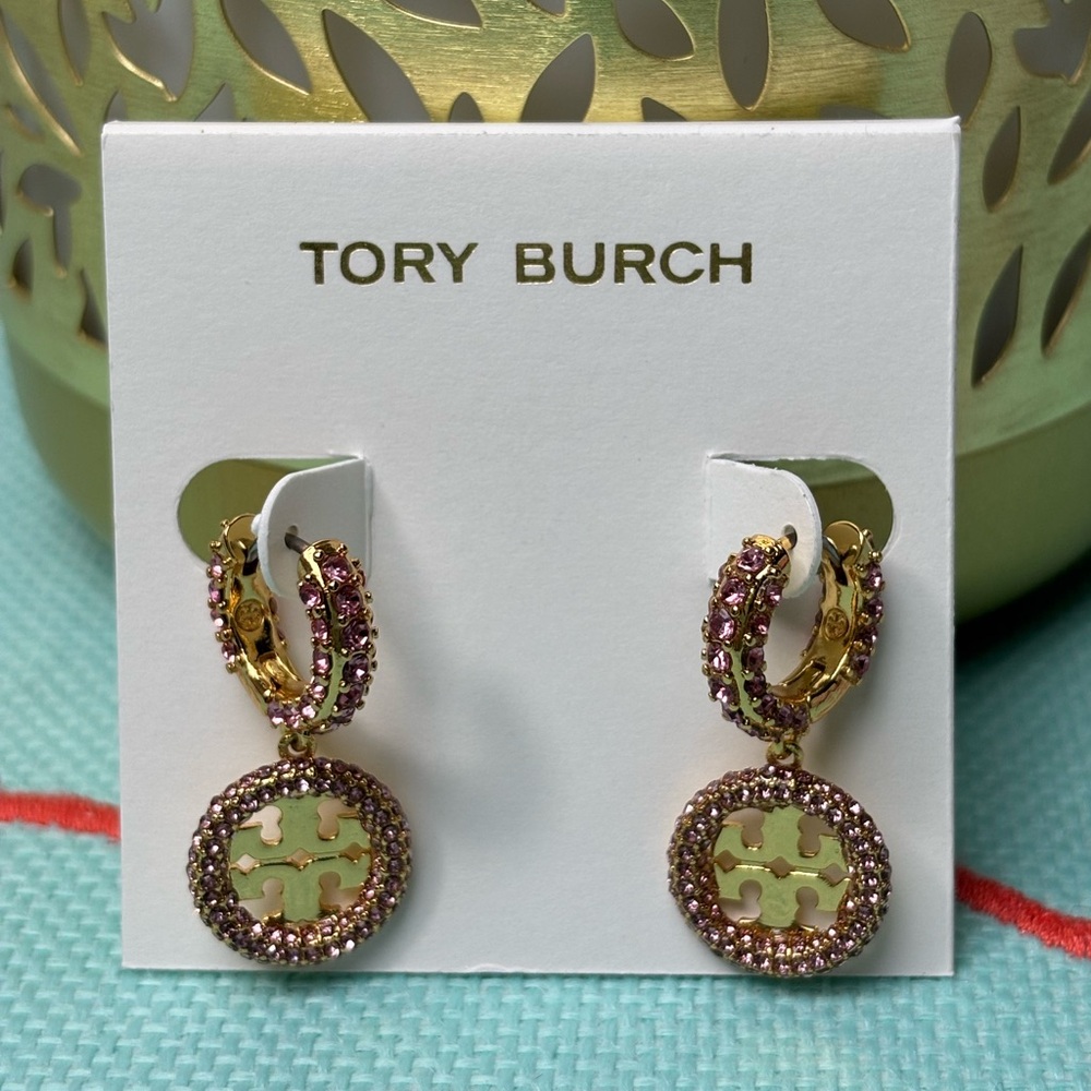 Tory Burch Gold and Pink Pave stones Huggies with charm Earrings. New.